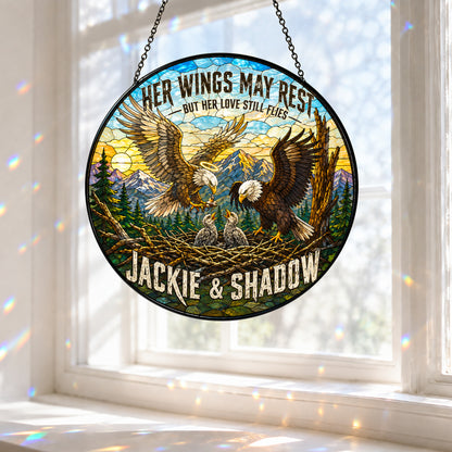 Jackie & Shadow Eagle Suncatcher, Fly Free Jackie Memorial, Bald Eagle Stained Glass Window Hanging, Big Bear Lake Tribute