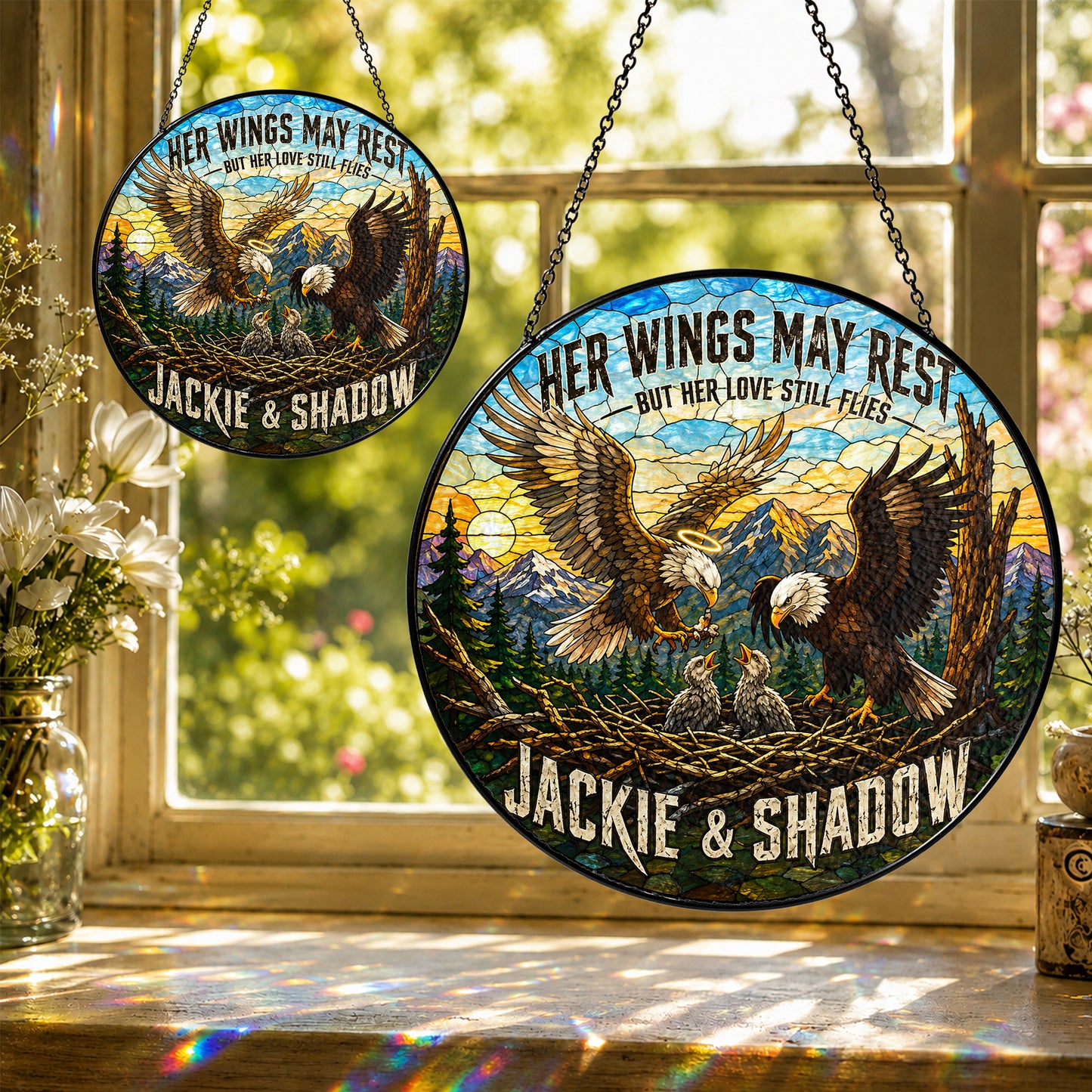 Jackie & Shadow Eagle Suncatcher, Fly Free Jackie Memorial, Bald Eagle Stained Glass Window Hanging, Big Bear Lake Tribute