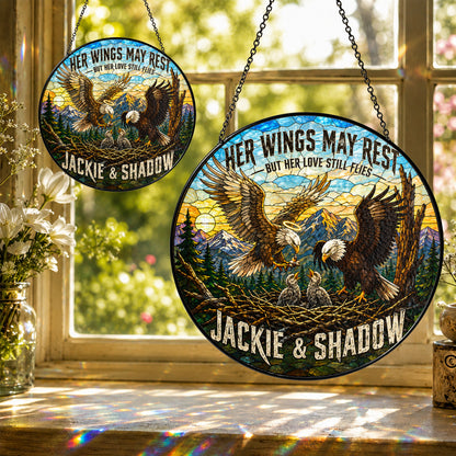 Jackie & Shadow Eagle Suncatcher, Fly Free Jackie Memorial, Bald Eagle Stained Glass Window Hanging, Big Bear Lake Tribute