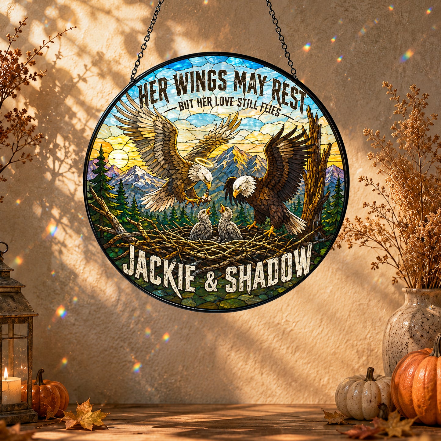 Jackie & Shadow Eagle Suncatcher, Fly Free Jackie Memorial, Bald Eagle Stained Glass Window Hanging, Big Bear Lake Tribute