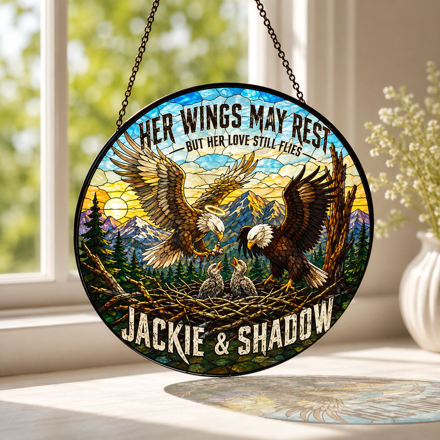 Jackie & Shadow Eagle Suncatcher, Fly Free Jackie Memorial, Bald Eagle Stained Glass Window Hanging, Big Bear Lake Tribute