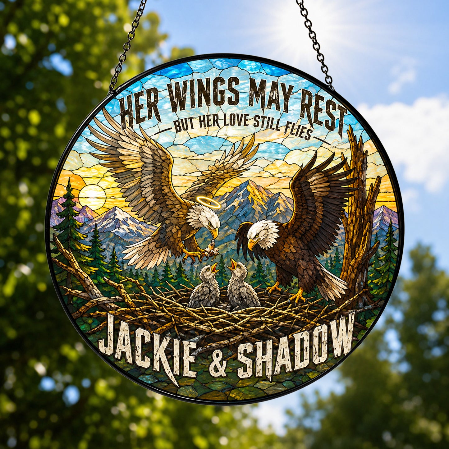 Jackie & Shadow Eagle Suncatcher, Fly Free Jackie Memorial, Bald Eagle Stained Glass Window Hanging, Big Bear Lake Tribute