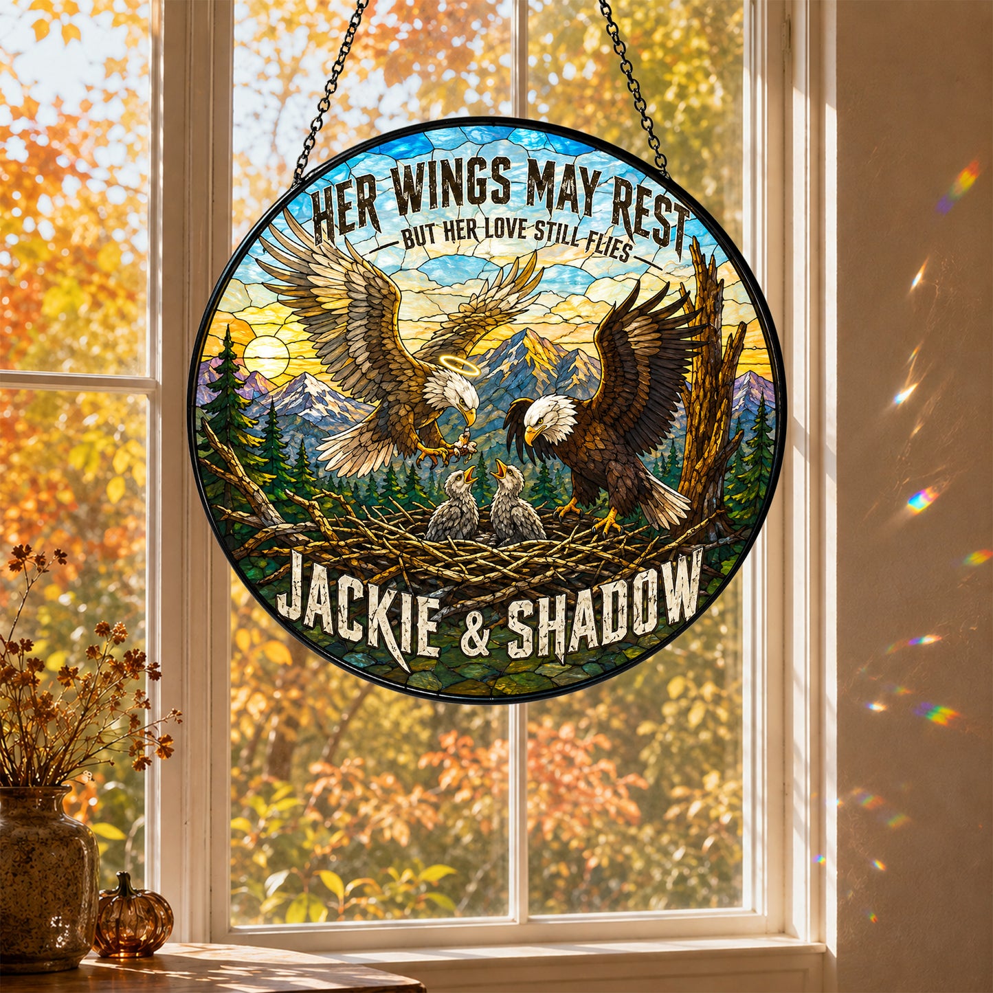 Jackie & Shadow Eagle Suncatcher, Fly Free Jackie Memorial, Bald Eagle Stained Glass Window Hanging, Big Bear Lake Tribute