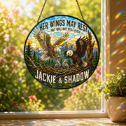 Jackie & Shadow Eagle Suncatcher, Fly Free Jackie Memorial, Bald Eagle Stained Glass Window Hanging, Big Bear Lake Tribute