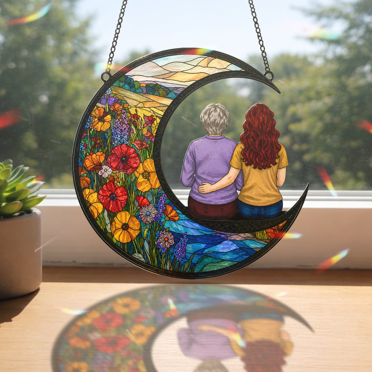 Mother Daughter Memorial Suncatcher, Crescent Moon Stained Glass Window Hanging, In Memory of Mom Gift