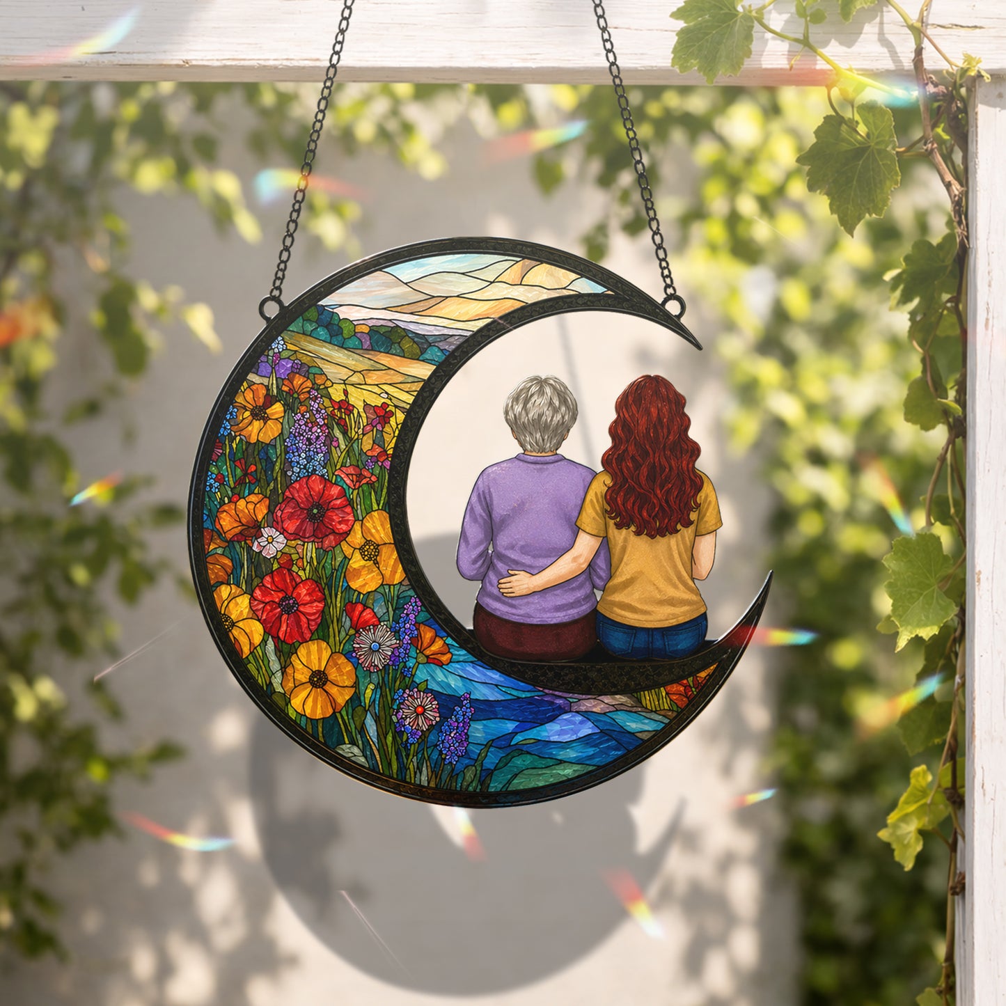 Mother Daughter Memorial Suncatcher, Crescent Moon Stained Glass Window Hanging, In Memory of Mom Gift