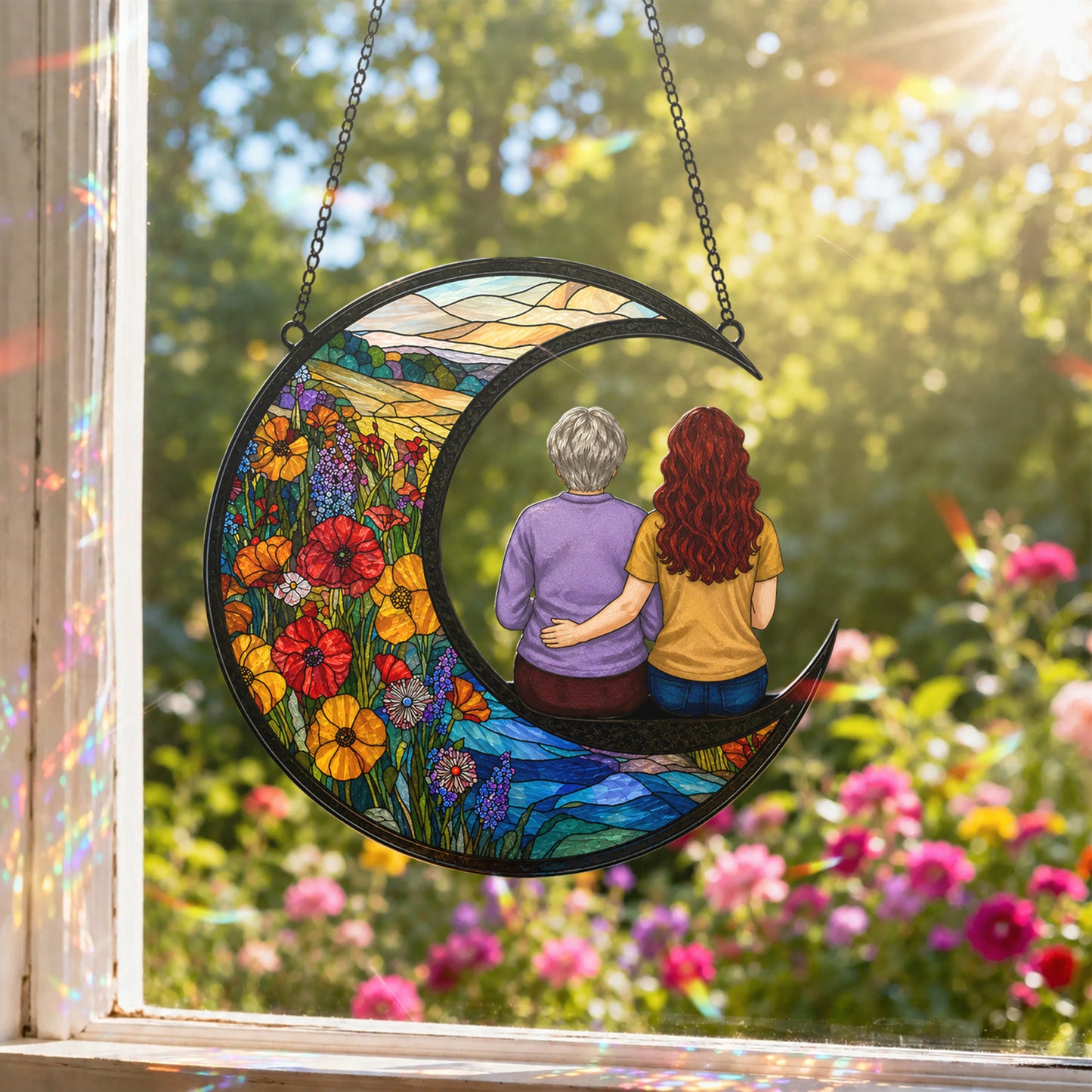 Mother Daughter Memorial Suncatcher, Crescent Moon Stained Glass Window Hanging, In Memory of Mom Gift