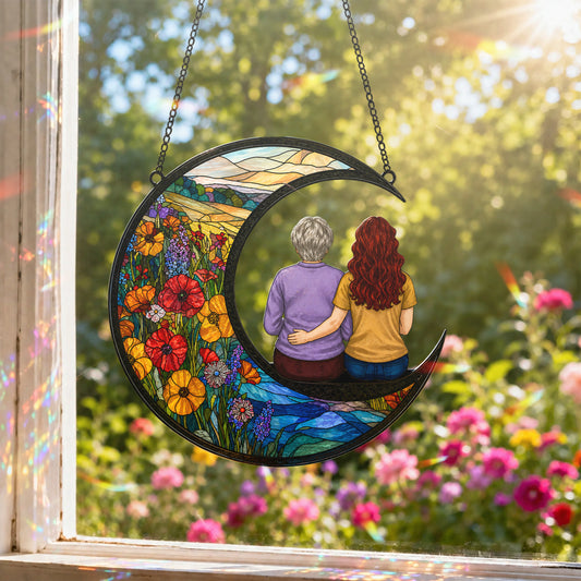 Mother Daughter Memorial Suncatcher, Crescent Moon Stained Glass Window Hanging, In Memory of Mom Gift