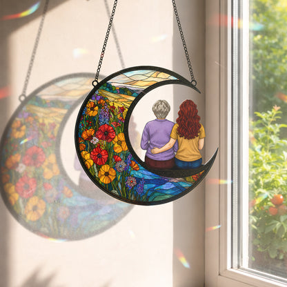 Mother Daughter Memorial Suncatcher, Crescent Moon Stained Glass Window Hanging, In Memory of Mom Gift