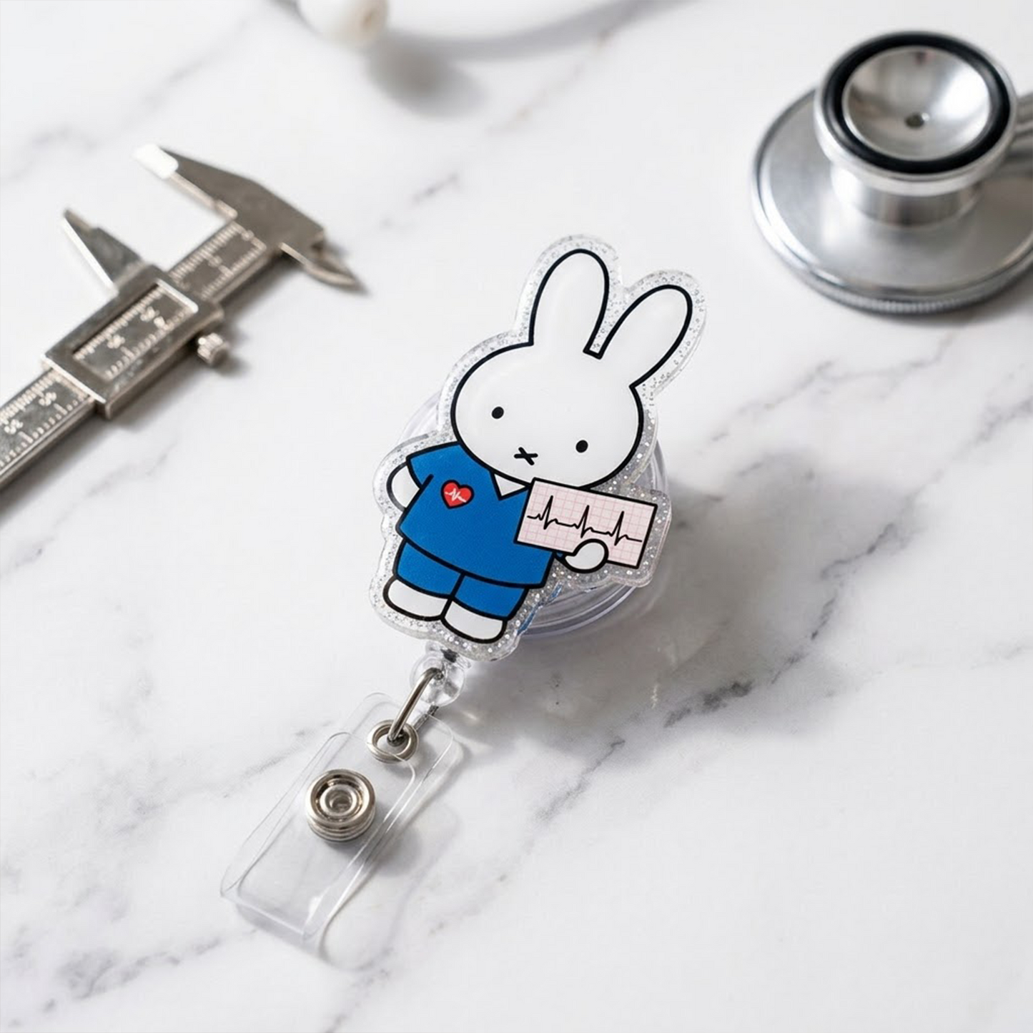 Kawaii Bunny Nurse Badge Reel, Cute Rabbit Badge Holder, Acrylic Retractable ID Badge, RN CNA Medical Staff Gift