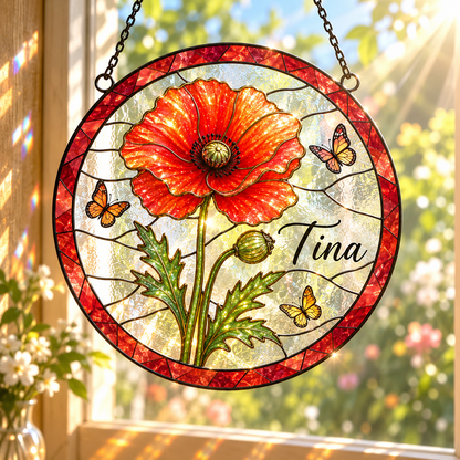 Personalised Birth Month Flower Stained Glass Suncatcher Birthday Gift, Memorial Window Hangings