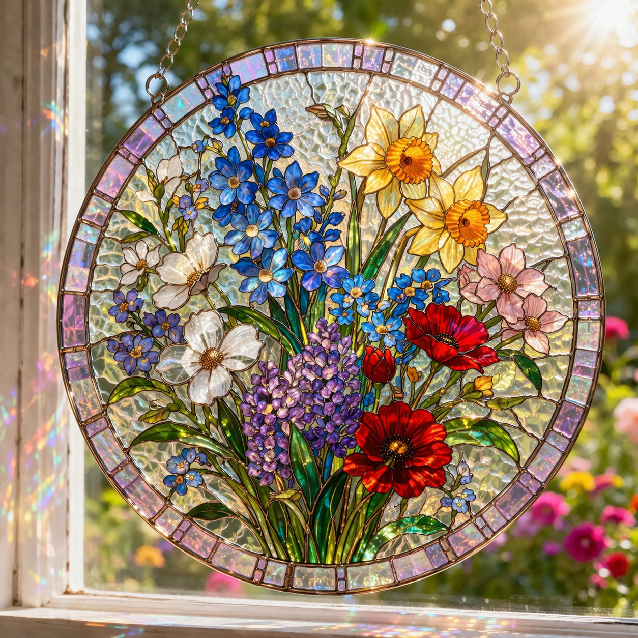 Personalized Birth Flower Stained Glass Suncatcher with 3D Raised Detail, Family Bouquet Window Hanging, Mothers Day Gift for Mom or Grandma