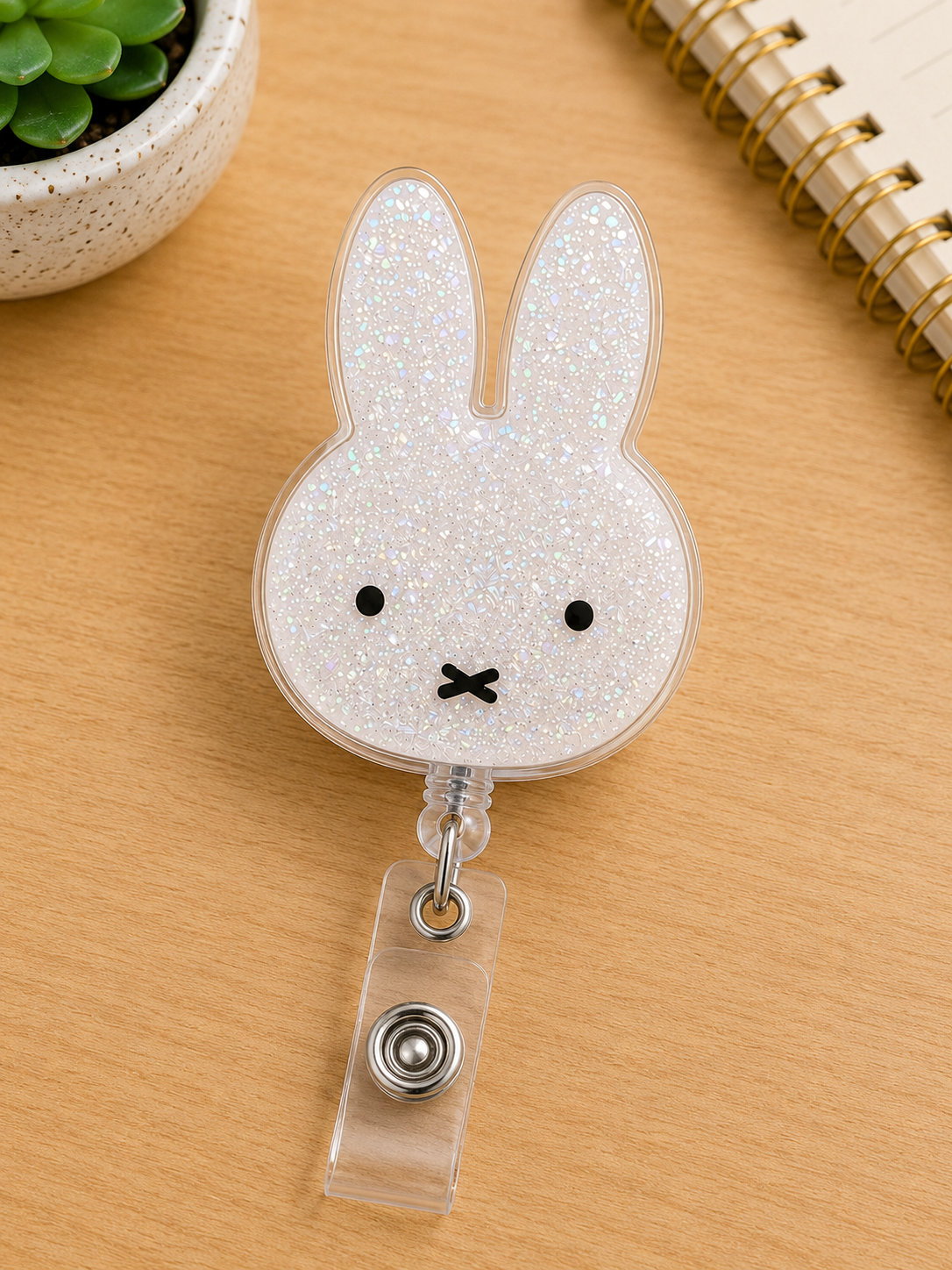 Cute Bunny Badge Reel, Minimalist Rabbit Badge Holder, Glitter Acrylic ID Badge Reel, Kawaii Bunny Retractable Badge, Nurse Gift