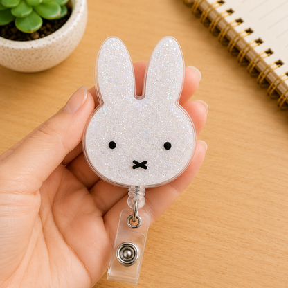 Cute Bunny Badge Reel, Minimalist Rabbit Badge Holder, Glitter Acrylic ID Badge Reel, Kawaii Bunny Retractable Badge, Nurse Gift
