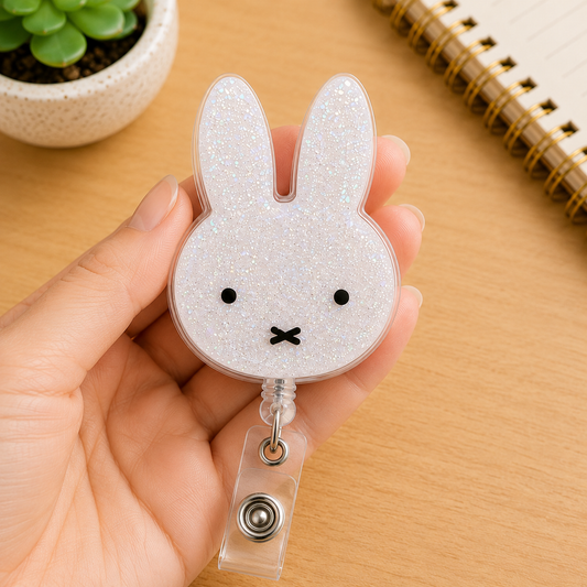 Cute Bunny Badge Reel, Minimalist Rabbit Badge Holder, Glitter Acrylic ID Badge Reel, Kawaii Bunny Retractable Badge, Nurse Gift
