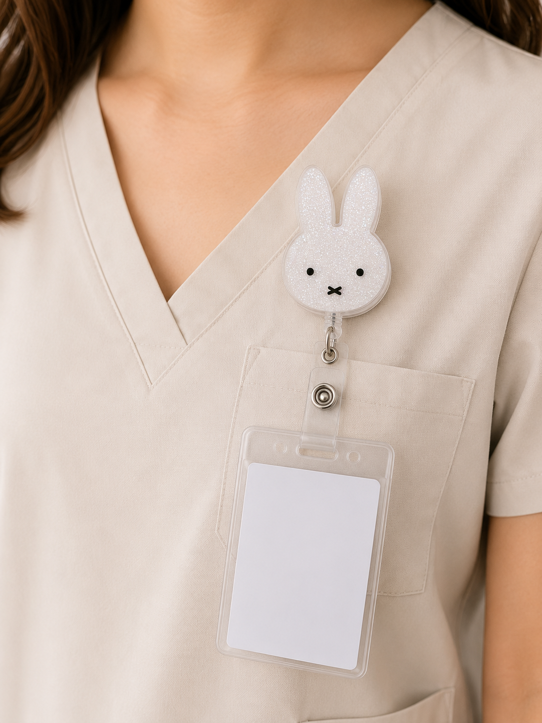 Cute Bunny Badge Reel, Minimalist Rabbit Badge Holder, Glitter Acrylic ID Badge Reel, Kawaii Bunny Retractable Badge, Nurse Gift