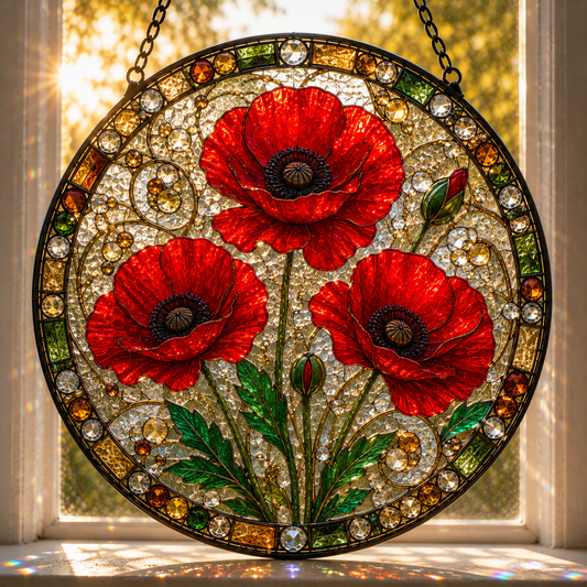 Custom Birth Month Flower Stained Glass Suncatcher, Personalized Birth Flower Window Hanging, Family Birth Month Gift, Poppy Decor