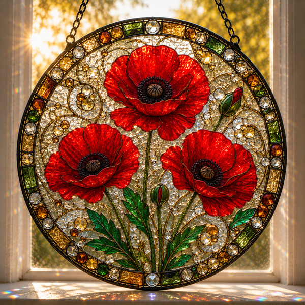 Custom Birth Month Flower Stained Glass Suncatcher, Personalized Birth Flower Window Hanging, Family Birth Month Gift, Poppy Decor
