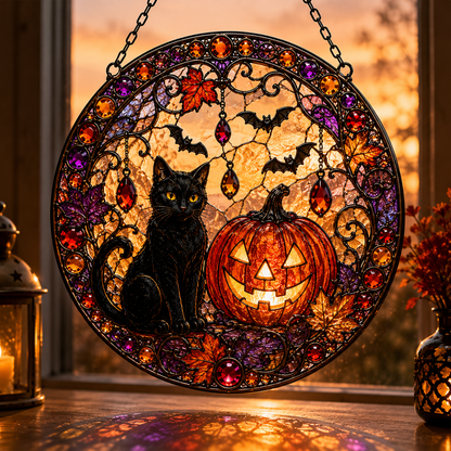 Black Cat Pumpkin Moon Stained Glass Suncatcher, Gothic Crescent Moon Decor, Spooky Cat Lover Home Decor, Halloween Gift