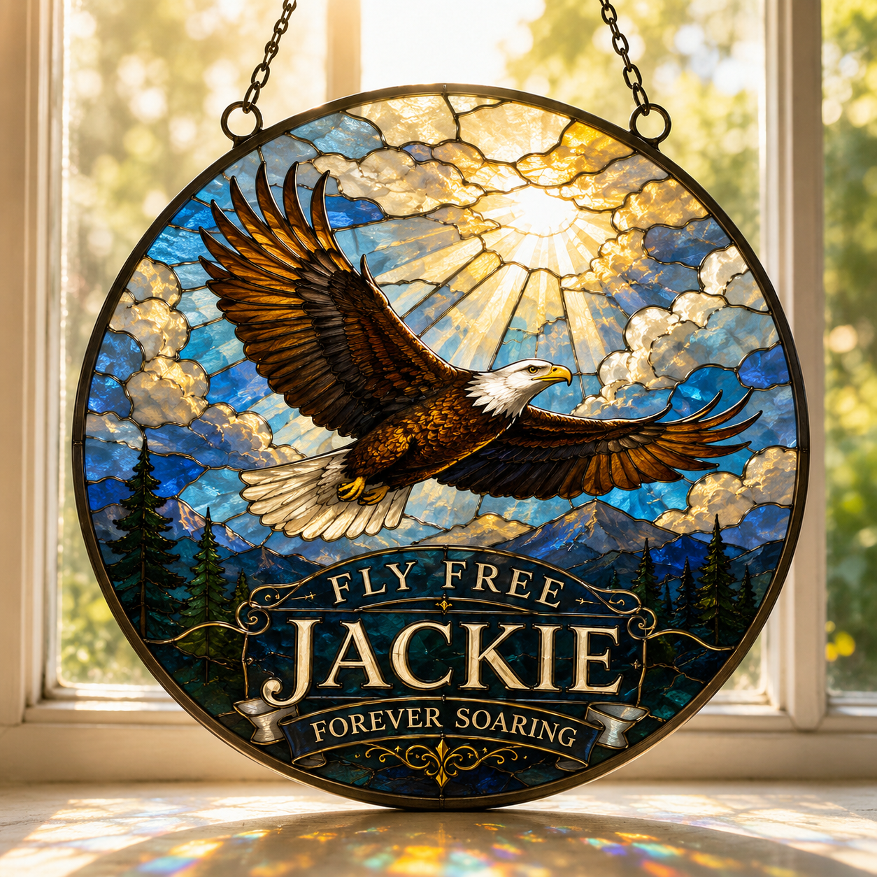 Fly Free Jackie Stained Glass Suncatcher, Jackie the Eagle Tribute Window Hanging, Big Bear Eagle Gift, Bald Eagle Memorial Ornament