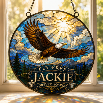 Fly Free Jackie Stained Glass Suncatcher, Jackie the Eagle Tribute Window Hanging, Big Bear Eagle Gift, Bald Eagle Memorial Ornament