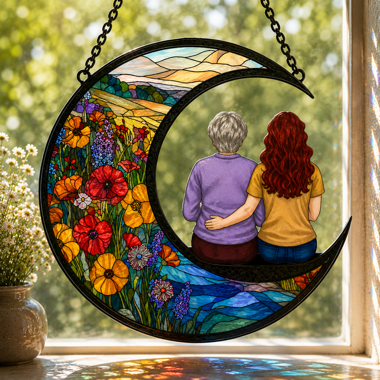 Mother Daughter Memorial Suncatcher, Crescent Moon Stained Glass Window Hanging, In Memory of Mom Gift