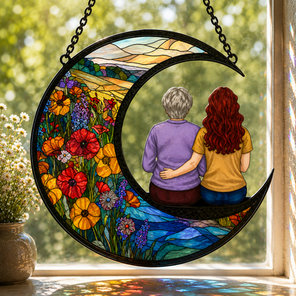 Mother Daughter Memorial Suncatcher, Crescent Moon Stained Glass Window Hanging, In Memory of Mom Gift
