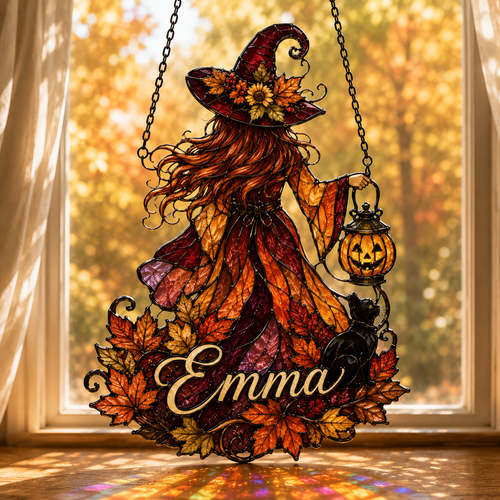 Personalized Witch Suncatcher, Custom Name Fall Window Hanging, Halloween Stained Glass Style Decor, Autumn Witch Gift