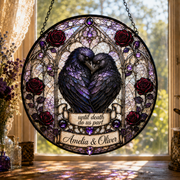 Personalized Raven Couple Suncatcher, Custom Names Gothic Stained Glass Window Hanging, Until Death Do Us Part Wedding Gift