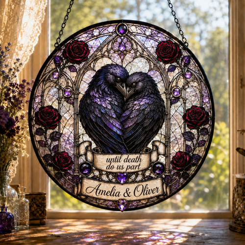 Personalized Raven Couple Suncatcher, Custom Names Gothic Stained Glass Window Hanging, Until Death Do Us Part Wedding Gift