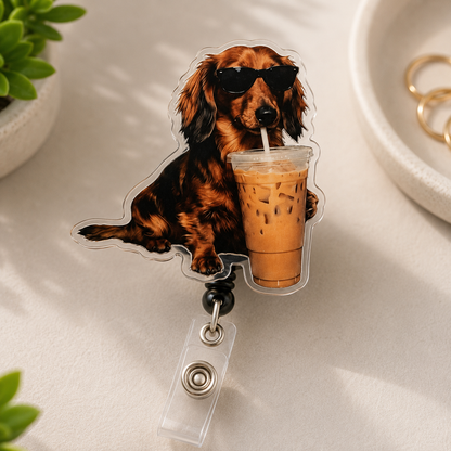 Funny Dachshund Coffee Badge Reel, Iced Coffee Wiener Dog Badge Holder, Acrylic ID Badge Reel, Retractable Nurse Badge Clip, Dog Lover Gift