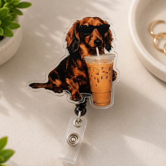 Funny Dachshund Coffee Badge Reel, Iced Coffee Wiener Dog Badge Holder, Acrylic ID Badge Reel, Retractable Nurse Badge Clip, Dog Lover Gift