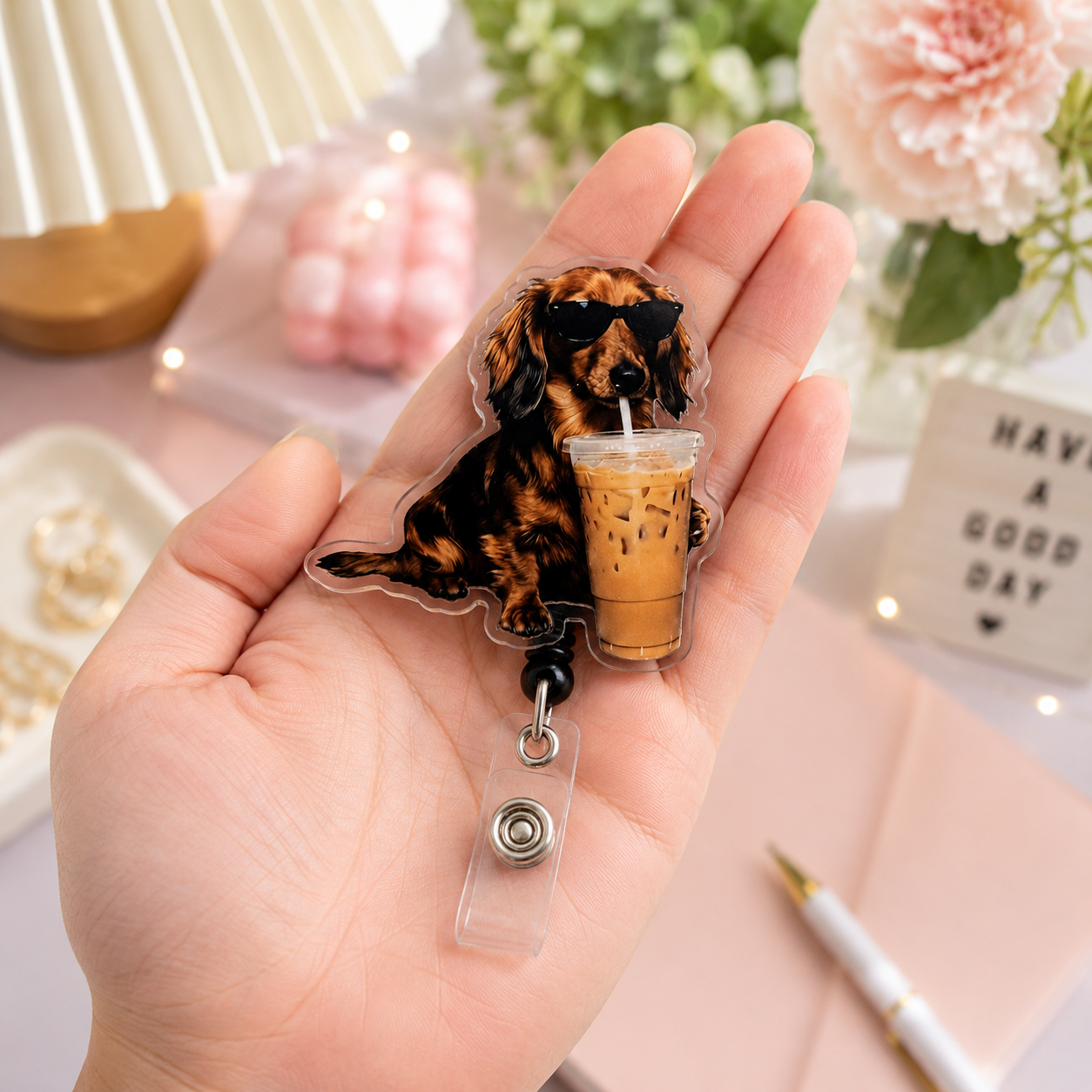 Funny Dachshund Coffee Badge Reel, Iced Coffee Wiener Dog Badge Holder, Acrylic ID Badge Reel, Retractable Nurse Badge Clip, Dog Lover Gift