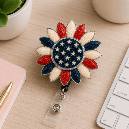 Patriotic Sunflower Badge Reel, American Flag Flower Badge Holder, Glitter Acrylic ID Badge Reel, Retractable Nurse Badge Clip, USA Gift