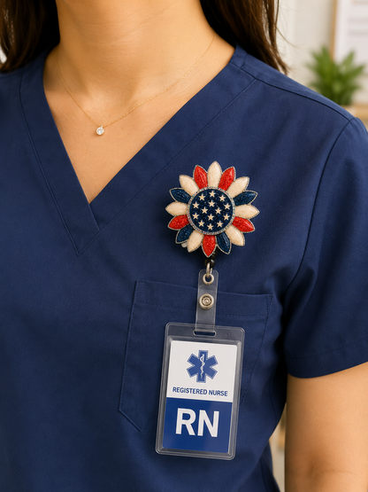 Patriotic Sunflower Badge Reel, American Flag Flower Badge Holder, Glitter Acrylic ID Badge Reel, Retractable Nurse Badge Clip, USA Gift
