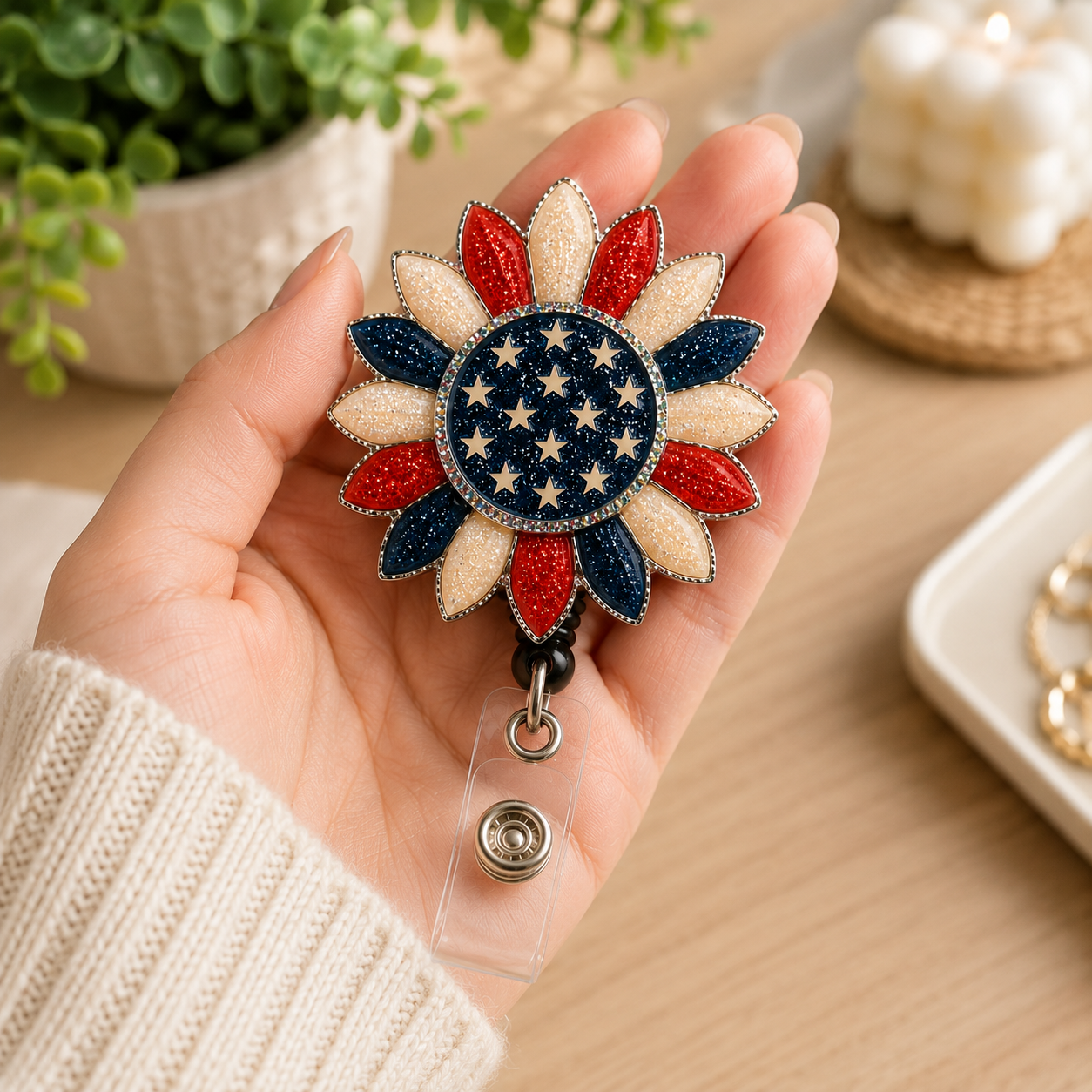 Patriotic Sunflower Badge Reel, American Flag Flower Badge Holder, Glitter Acrylic ID Badge Reel, Retractable Nurse Badge Clip, USA Gift
