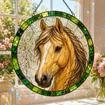 Custom Horse Suncatcher from Photo, Personalized Stained Glass Horse Portrait, Horse Lover Gift, Equestrian Window Hanging