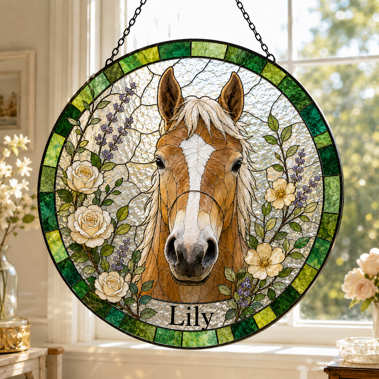 Custom Horse Suncatcher from Photo, Personalized Stained Glass Horse Portrait, Horse Lover Gift, Equestrian Window Hanging