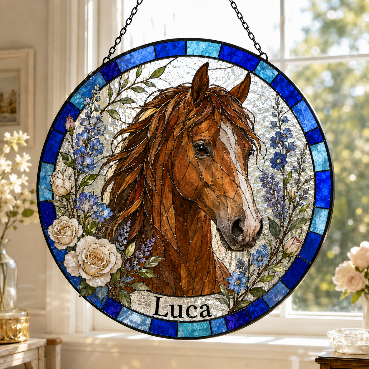 Custom Horse Suncatcher from Photo, Personalized Stained Glass Horse Portrait, Horse Lover Gift, Equestrian Window Hanging