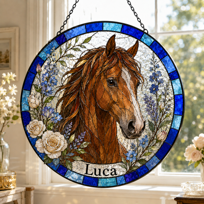 Custom Horse Suncatcher from Photo, Personalized Stained Glass Horse Portrait, Horse Lover Gift, Equestrian Window Hanging