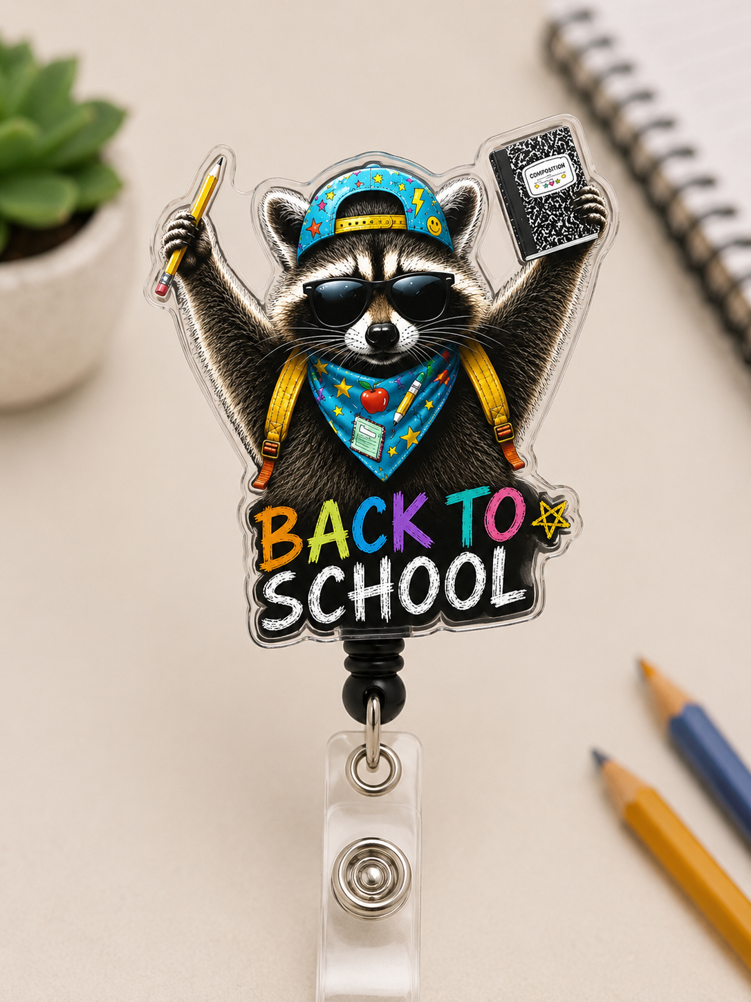 Back to School Raccoon Badge Reel, Teacher Badge Reel, Cute Raccoon ID Badge Holder, Acrylic Retractable Badge, School Staff Gift