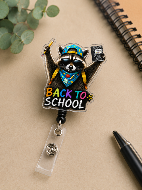Back to School Raccoon Badge Reel, Teacher Badge Reel, Cute Raccoon ID Badge Holder, Acrylic Retractable Badge, School Staff Gift