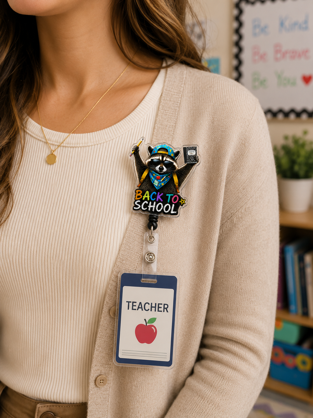 Back to School Raccoon Badge Reel, Teacher Badge Reel, Cute Raccoon ID Badge Holder, Acrylic Retractable Badge, School Staff Gift