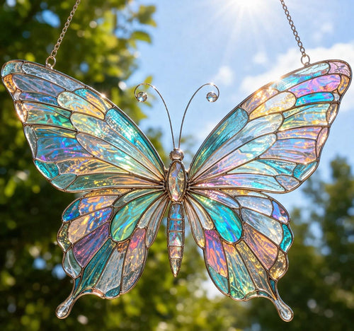 Iridescent Butterfly Stained Glass Suncatcher, Colorful Window Hanging, Aesthetic Sun Catcher, Garden Decor, Gift For Mom Grandma