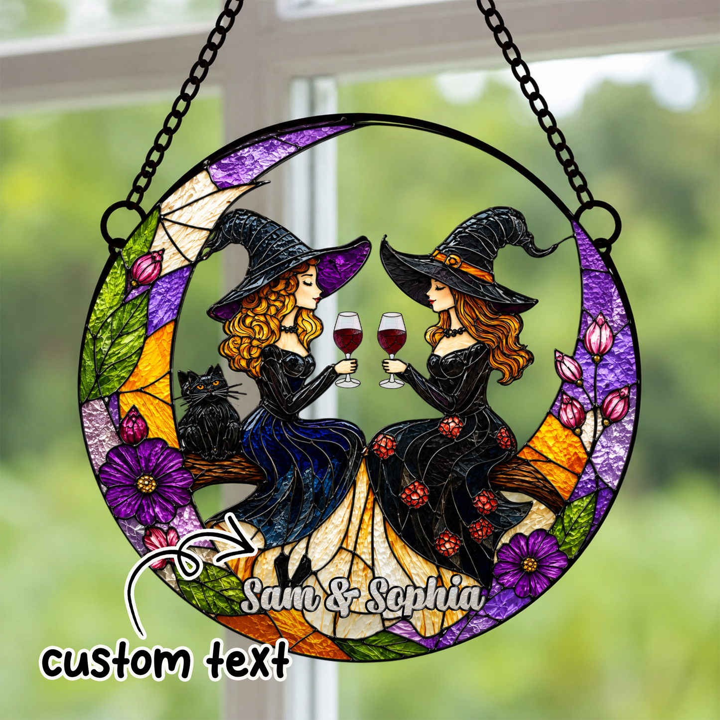 Custom Witch Best Friend Suncatcher, Personalized Witch Sisters Window Hanging, Witchy Wine Gift, Halloween Friendship Decor