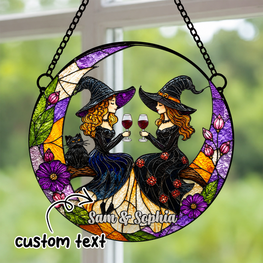 Custom Witch Best Friend Suncatcher, Personalized Witch Sisters Window Hanging, Witchy Wine Gift, Halloween Friendship Decor